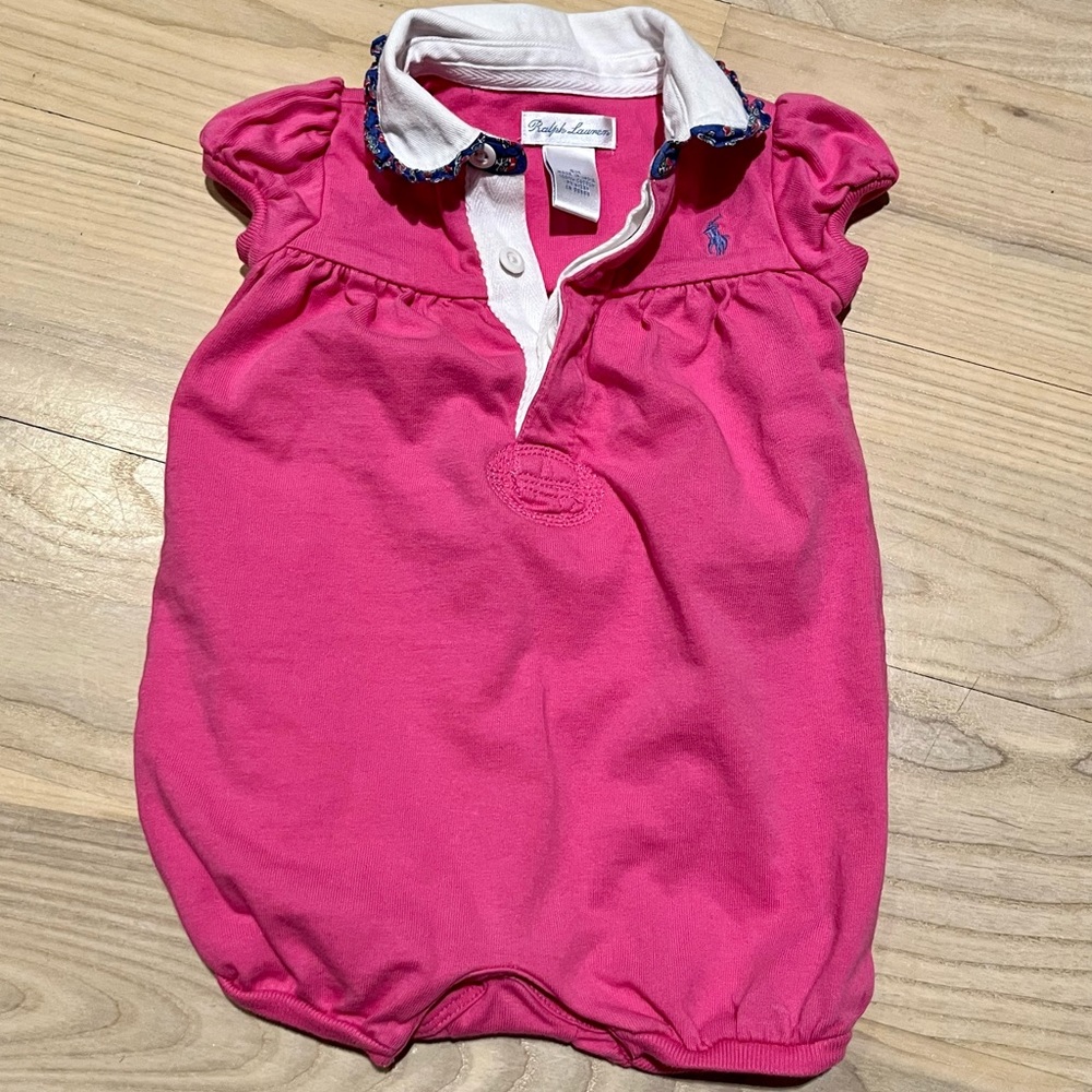 Ralph Lauren Baby Girl’s Pink Bubble Romper Shortall with Polo Collar